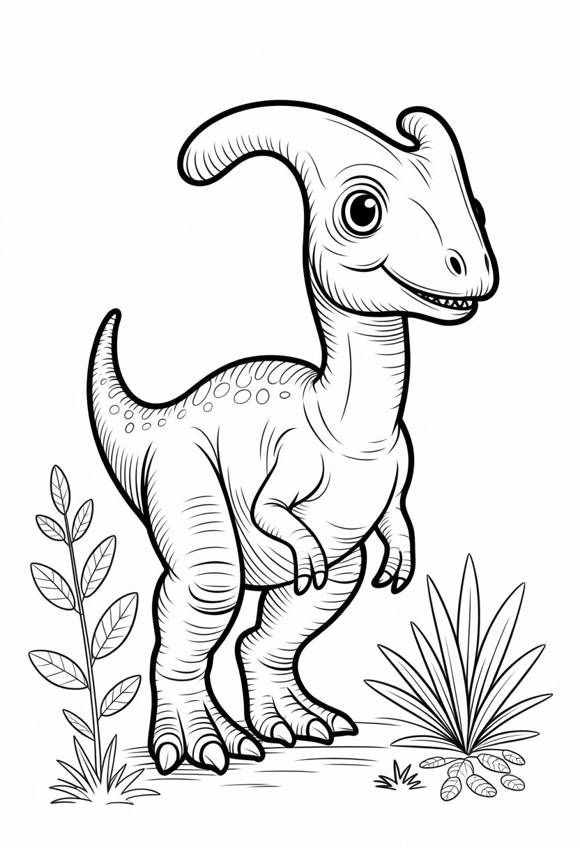 Cute Dinosaur Coloring Pages for Kids: 20 Fun and Easy Designs 34 A smiling Parasaurolophus dinosaur standing among prehistoric plants.